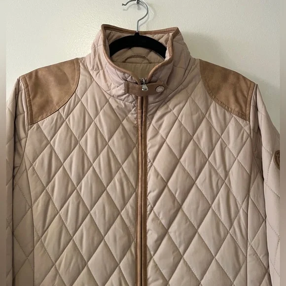 Ralph Lauren Diamond Quilted Barn Jacket With Faux Leather Trim Oatmeal Size M - Picture 4 of 13